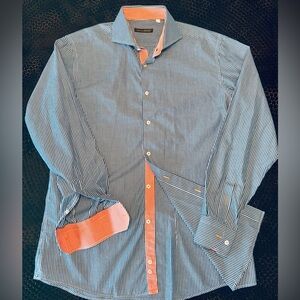 Andrea Bossi men's blue&white striped dress shirt with orange accents Size 16/41
